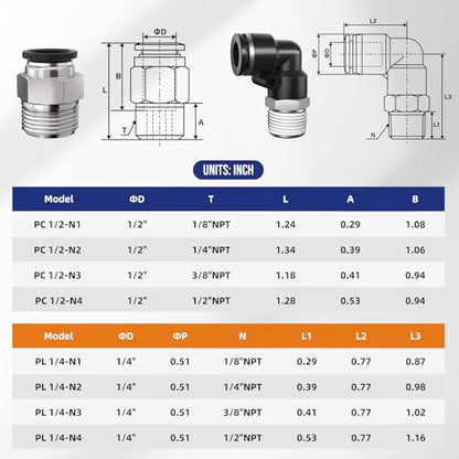 1/4 Push to Connect Fittings npt Thread to 1/2 Air Line quick | Pneumatic Tubing Hose 1/2 OD Tube to 1/4 npt, Male Elbow 90 Degree Straight Coupler - size: 1/2"OD x 1/4"NPT