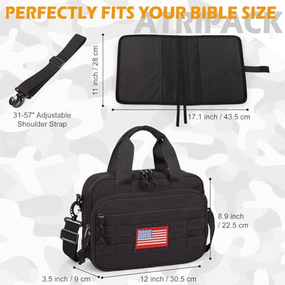 ATRIPACK Tactical Large Bible Cover for Men,Double Layer Bibles Bag With Detachable Book Carrying Case, Covers for Bible Organizer with Zippered Pockets,Church Case with Handle. - color: black
