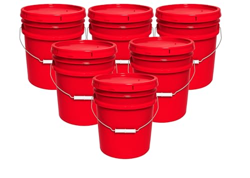 5-Gallon Bucket with Airtight Lid – Made in USA, Food Grade BPA Free Plastic, Heavy Duty Multi-Use, Metal Handle with Grip, Stackable Storage – Red, 6 Pack - color: Red, size: 6