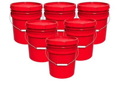 5-Gallon Bucket with Airtight Lid – Made in USA, Food Grade BPA Free Plastic, Heavy Duty Multi-Use, Metal Handle with Grip, Stackable Storage – Red, 6 Pack - color: Red, size: 6