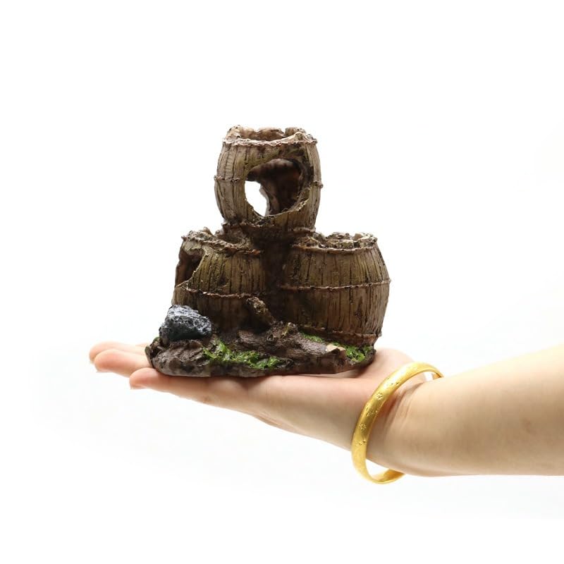 Resin Broken Barrel Aquarium Decoration, Stacked Barrels Ornament, Fish Tank Hideout, 10.5 x 7 x 10 cm