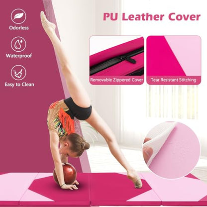 Goplus Folding Gymnastics Mat, 10’ x 4’ x 2’’ Thick Tumbling Mats with PU Leather, Hook & Loop Fasteners, Portable Handles, 4-Panel Exercise Mat for Home Gym Workouts, Yoga - color: Pink+Rose