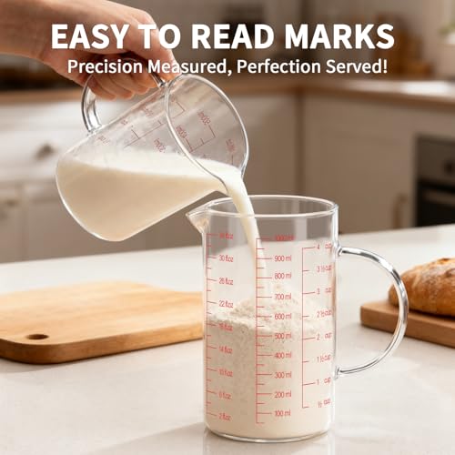 Luvan 34OZ/1000ML Glass Measuring Cup, 4 Cup Glass Measuring Cups With 3 Scales (Ml/Oz/Cup), High Borosilicate Measuring Cup With Handle and V-Shaped Spout, Dishwasher/Freezer/Microwave Safe - color: 34Oz/4Cups/1L