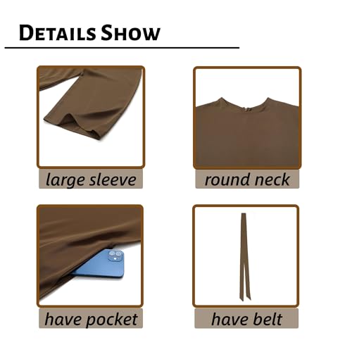 Women Abaya Dress with Belt Muslim Bell Sleeve Robe Islamic Prayer Jilbab | with Belt, A-line Skirt, Bell Sleeve - color: Dark Coffee, size: Large