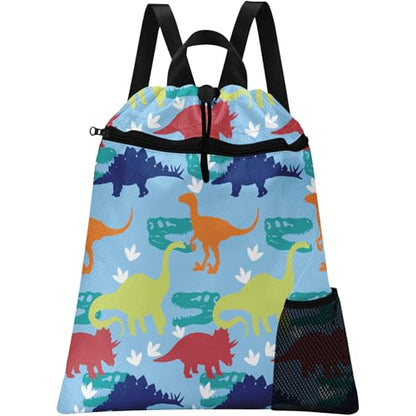 Dinosaur Drawstring Backpack, 15” x 17” Waterproof Swim Bag for Beach Swimming Pool, Lightweight Foldable Gym Bag with Water Bottle Holder for Sports Travel - color: Blue Cartoon Dinosaurs