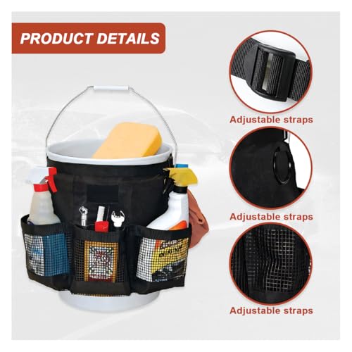 5 Gallon Bucket Tool Organizer Bag, Multi-Purpose Car Bucket Wash Tool with Mesh Storage Pockets, Universal Vehicle Cleaning Supplies Accessories for Home, Gardening, Fishing