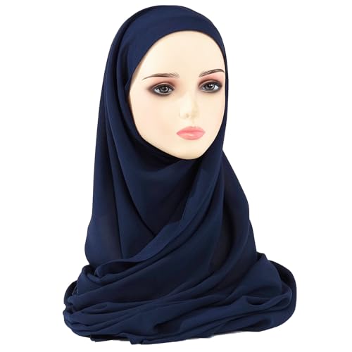 Instant Chiffon Hijab Set 3-in-1 Hijabs Scarf with Built-in Magnets and Undercap Head Wraps with Modal Cap - color: Navy 12#