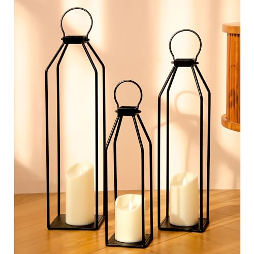 Perfnique Modern Farmhouse Lanterns, Set of 3 Black Metal Lanterns w/ 6hr Timer Flickering Flameless Candles, Decorative for Outdoor Decor, Front Porch, Indoor, Patio, Garden, Fireplace, Christmas - color: 23inch & 20inch & 15inch