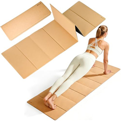 Rocalt Foldable Cork Yoga Mat, Non Slip Travel Pilates Workout Mat | 69 x 24 x 0.25 in, accordion-fold design, POE backing, carry strap for yoga, stretching and travel
