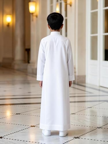 Kids Muslim Thobe, Boys White Traditional Arab Dishdasha, Long Sleeve Islamic Prayer Robe - color: White, size: 7Y