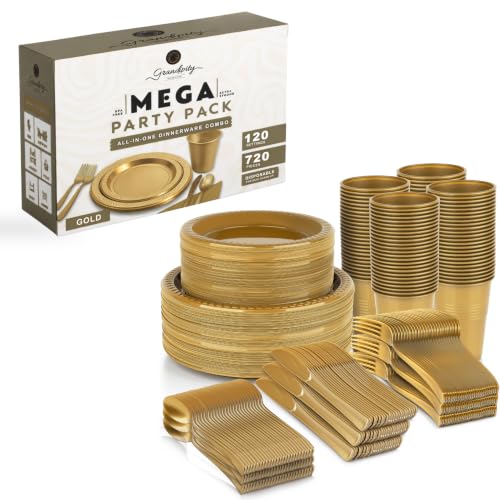 Grandipity Disposable Plastic Dinnerware Sets for Parties (720 pcs) - color: Gold, size: 120 Guests (720 PCS)