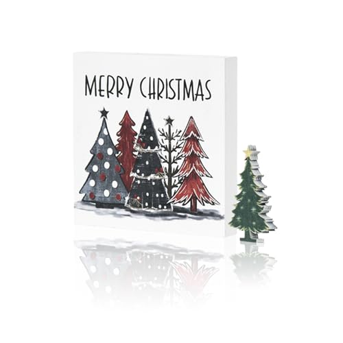 Smile 2Pcs Christmas Tree Decor Merry Christmas Square Wooden Sign | 5 x 5 Inches, Desk Table Shelf Office, Farm Decoration Kitchen - style: Christmas Trees