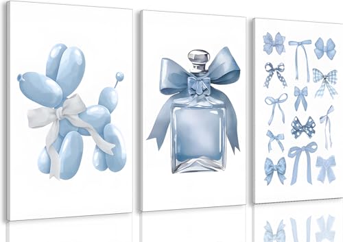 DAXINGJ Blue Preppy Framed Wall Art Set of 3, Coquette Bow Wall Decor | 12x16 Inch Ready-to-Hang Featuring Balloon Dog, Perfume Bottle and Ribbon Designs with Fade-Resistant Canvas for girl Bedroom - color: Blue Balloon Dog, size: 16"L x 12"W
