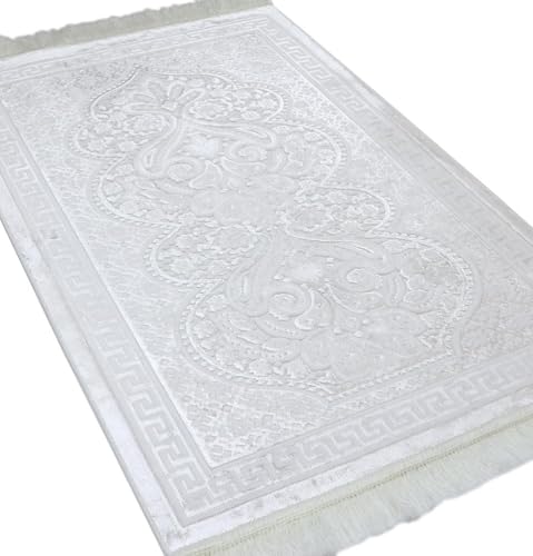 Modefa Muslim Prayer Rug Islam - Ramadan Gifts Set with Prayer Mat & Tasbih Prayer Beads - Soft Plush Islamic Gifts for Women Muslim Gifts for Men - Luxury Velvet Gift Box Set (Paisley Vanilla White) - color: White