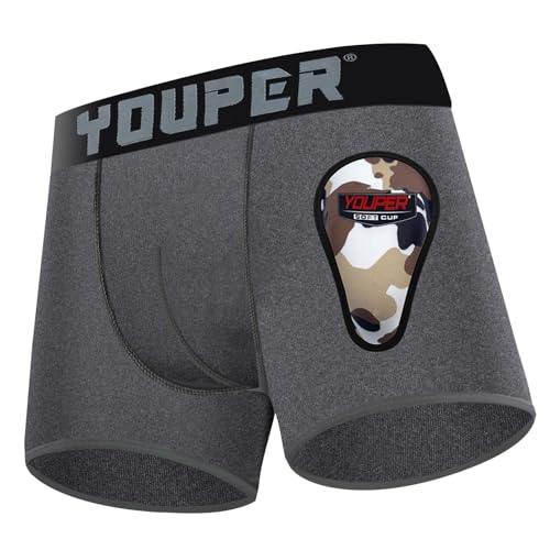 Youper Youth Elite Boxer Briefs w/Soft Athletic Cup, Boys Stretch Boxer Jock for Baseball & Football - color: Dark Grey, size: Small