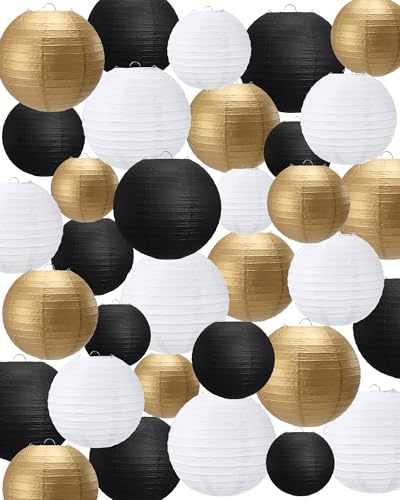 Treela 48 Pcs Paper Lanterns Party Decorations Chinese Lanterns Round Paper Decor 4/6/8/10 Inch Asian Hanging Lamps Decorative for Graduate Wedding Birthday Bridal Party Supplies(Gold,Black,White) - color: Gold,Black,White