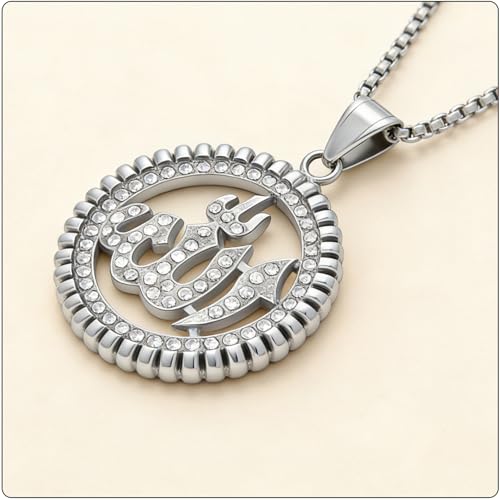 Hip Hop Stainless Steel Iced Out Hollow Allah Pendant Round Necklace - color: Steel