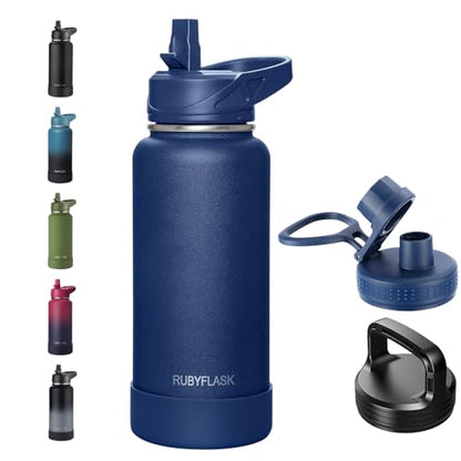 RUBYFLASK 32 oz Insulated Stainless Steel Water Bottle with Straw | 3 Lids, Wide Mouth, Metal Vacuum Leakproof Water Jug Flask and Handle, Large Thermal Cup with Silicone Boot, Navy - color: .Navy, size: 32 Ounces