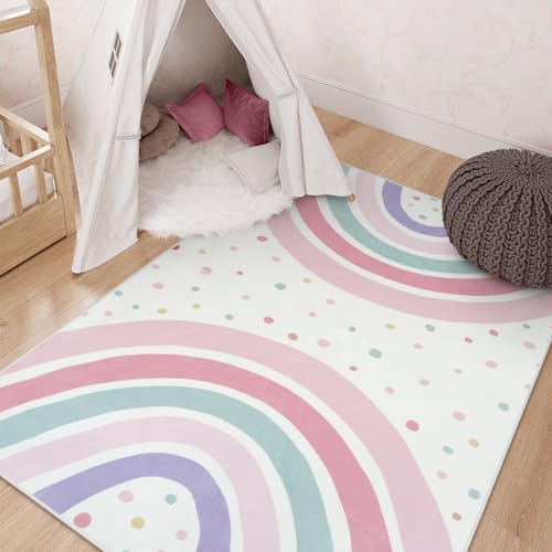STARUIA 3x5 Rainbow Rug for Nursery Kids Room, Pink Carpet Soft Polka Dot Rug for Girl Bedroom, Non-Slip Small Washable Kids Area Rug for Playroom Princess Tent Castle - color: Pink, size: 3'x5' (Rectangular)
