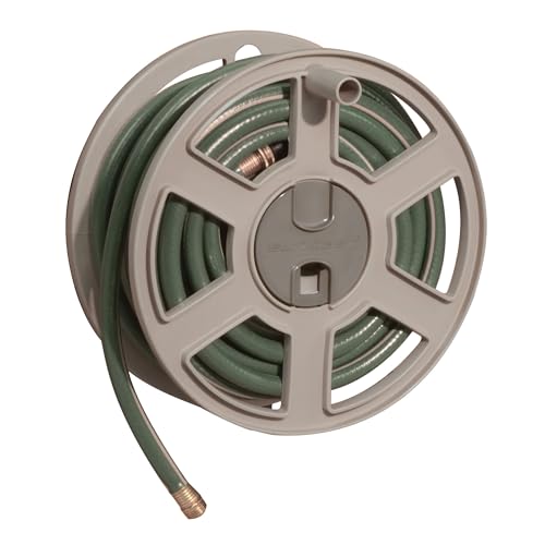 Suncast Sidewinder Wall Mount Garden Hose Reel, 100 Feet Capacity for 5/8 Inch Standard Vinyl Hosepipe, Light Taupe – Resin Water Line Holder for Lawn, Gardening and Outdoor Watering - size: 100 feet