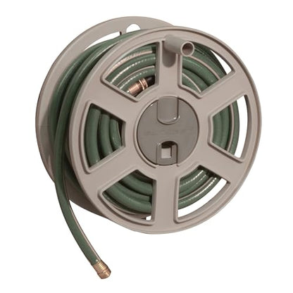 Suncast Sidewinder Wall Mount Garden Hose Reel, 100 Feet Capacity for 5/8 Inch Standard Vinyl Hosepipe, Light Taupe – Resin Water Line Holder for Lawn, Gardening and Outdoor Watering - size: 100 feet