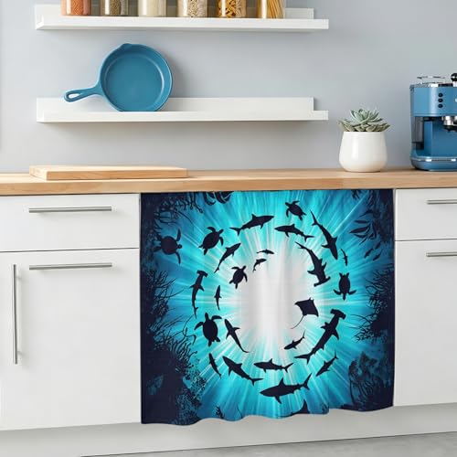 Blue Coastal Sink Skirt 11"Wx13"L, Dustproof Under Sink Curtain with Self Adhesive Tape, Nautical Fish Turtle Coral Cabinet Curtain Cover for Bathroom Vanity, RV, Kitchen Cabinet Storage Shelf - size: 11"W x 13"L (Pack of 1)