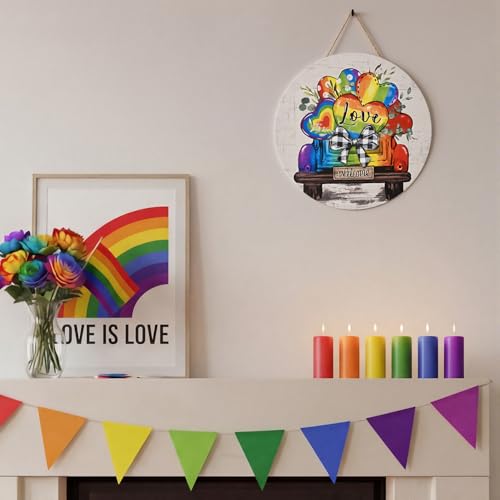 Smile Pride Month Love Welcome Rainbow Truck Round Wooden Door Sign Indoor & Outdoor Decorative Plaque LGBTQ+ Home, Porch & Patio Decor Gay Pride - style: Truck LGBT