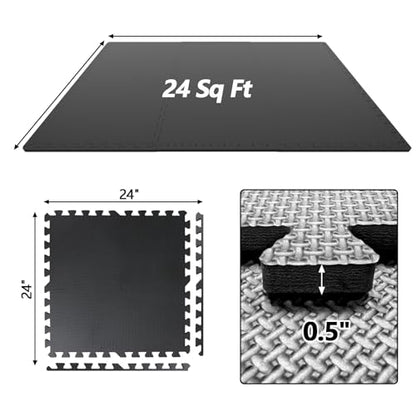 1/2 inch Thicked Gym Floor Mats (20 Sq Ft), 20 Tiles 12.6X12.6in High Density EVA Foam Gym Flooring for Home Gym, Weightlifting, Kids Play Area, Non-Slip, Free Splicing. - size: 24 Sq Ft(6 Tiles)