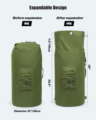 PGmoon Military Duffle Bag,110L Extra Large Army Backpack Heavy Duty Sea Bag with Removable Pocket for Camp, Outdoor or Laundry Bag (Patent Design)