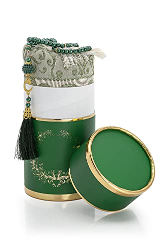 ihvan online Muslim Prayer Rug and Prayer Beads with Elegant Design Cylinder Gift Box, Janamaz, Soft Sajadah, Islamic Gifts Set, Portable Prayers Carpet Mat, Taffeta Fabric, Green - color: Green