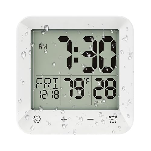Bathroom Clock Waterproof Shower Timer, Digital Wall Clock with Countdown, Touch Screen, LCD Display, Temperature, Suction Cup/Hanging Hole/Stand, Spa Sauna I White - color: White