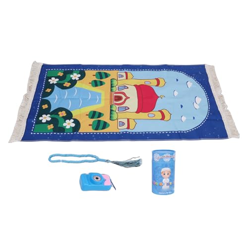 Pssopp Pray Rug for Kids, Thick and Soft Convenient to Carry Not Easy Fade Children Meditation Mat with Tassel Pray Beads Pendant Cylinder for Worship (Blue) - color: Blue
