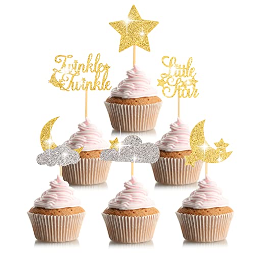 Henoyso 48 Pcs Twinkle Little Star Cupcake Toppers, Gold Moon Silver Cloud