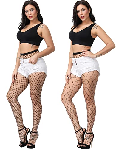 E-Laurels Womens High Waist Patterned Fishnet Tights Suspenders Pantyhose Thigh High Stockings Black - color: Black 2 Pcs L+xl