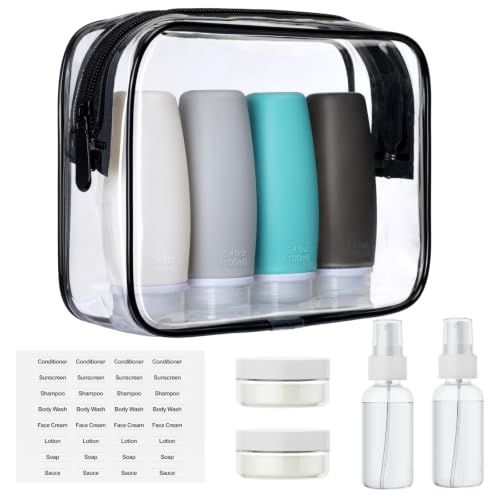 PACKISM TSA Approved Toiletry Bag with Bottles - 3.4 oz Silicone Container - color: 9-Pack Black, style: All-in-one Tsa Kit (Bottles + Bag)