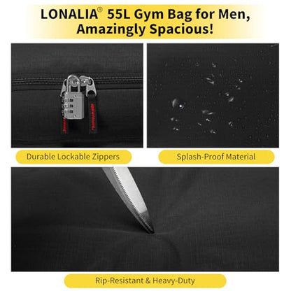 55L Sports Gym Duffle Bag for Men, 22 inch, Black | Large Capacity, Workout, Travel, Weekender, Fitness, Heavy Duty, Multi Pockets, Spacious - color: Black