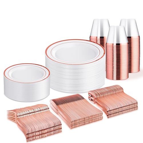 WELLIFE 300 PCS Rose Gold Disposable Dinnerware Set for 50 Guests - color: Rose Gold, size: 50 Guests