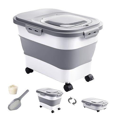 20-30 Lbs Rice Storage Container,Collapsible Food Storage Containers | Flour Storage Container with Wheels Airtight Locking Lid,Rice Container with Cup and Scoop,Suitable for Rice,Pet Food,Flour - color: Grey/20-30LBS