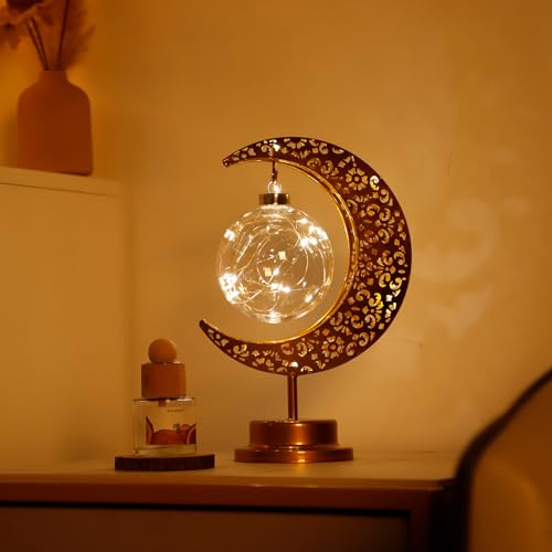 Crescent Moon Table Lamp Metal Frame Ramadan Lights Ball LED Night Light Magic Hanging Moon Lamp Decor for Home Bedroom Bedside Desktop