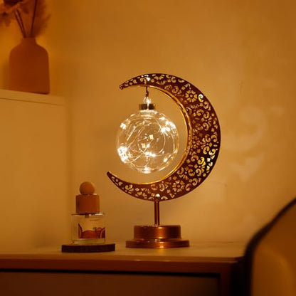 Crescent Moon Table Lamp Metal Frame Ramadan Lights Ball LED Night Light Magic Hanging Moon Lamp Decor for Home Bedroom Bedside Desktop