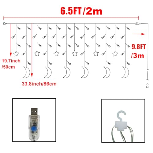 LED Moon Star Curtain String Lights, 138 LED USB Powered Fairy Hanging Lights with 8 Lighting Modes 6-Hour Timer Waterproof for Bedroom Wall Window Christmas Decoration (Moon) - style: Moon