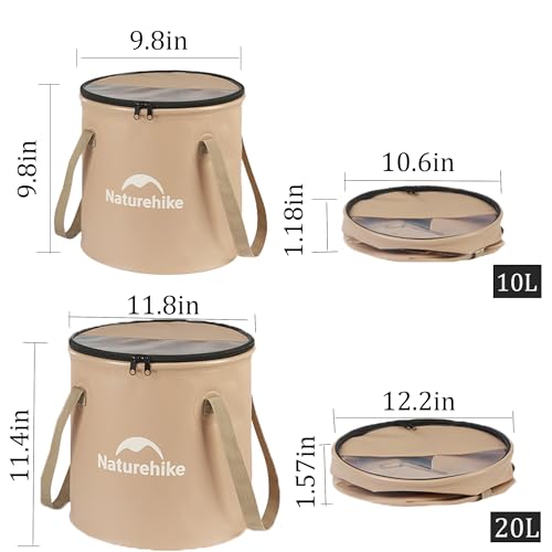 Naturehike 10L Collapsible Bucket, Folding Portable Wash Basin with Handle & Lid for Outdoor Camping Travelling Fishing Hiking Gardening Car Washing (Khaki-10L)
