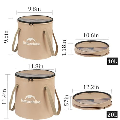 Naturehike 10L Collapsible Bucket, Folding Portable Wash Basin with Handle & Lid for Outdoor Camping Travelling Fishing Hiking Gardening Car Washing (Khaki-10L)
