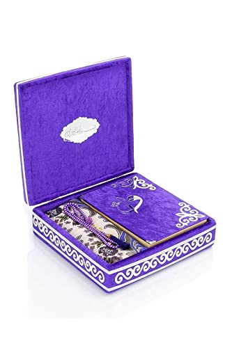 ihvan online Luxury Islamic Prayer Velvet Covered Gift Box, Deluxe 4 Piece Set with Elegant Velvet Covered Quran & Prayer Beads Tesbih & Prayer Rug, Ramadan & Eid Gift, Purple - color: Purple