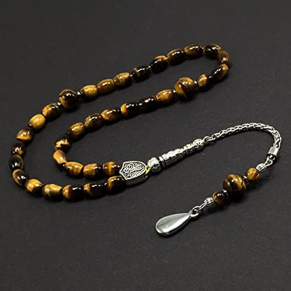 Design -Tiger Eye Stone Series Worry Beads - Prayer Beads (8 mm-33 Beads) Tesbih-Tasbih-Tasbeeh-Misbaha-Masbaha-Subha-Sebha-Sibha-Rosary (-Oval Cut Drop Model 6x9 mm-) - color: -Oval Cut Drop Model 6x9 mm-