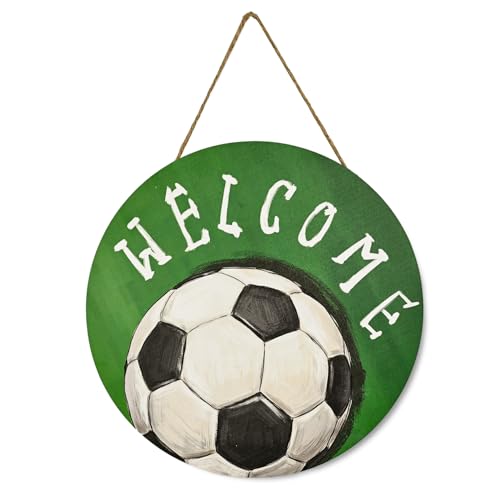 Smile Soccer Welcome Wooden Round Door Hanger, Green Field & Soccer Ball Front Door Sign for Sports Fans & Home Decor - style: Soccer Welcome