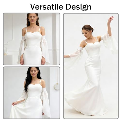 Long Tulle Bell Sleeves for Women, Women's Victorian Long Tulle Gloves with Adjustable Tie Strings - color: White