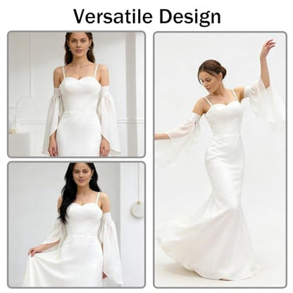 Long Tulle Bell Sleeves for Women, Women's Victorian Long Tulle Gloves with Adjustable Tie Strings - color: White