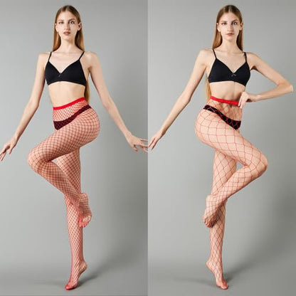 MengPa Women's Fishnets Tights High Waist Stockings Party Thigh High Pantyhose - color: 2pcs-red
