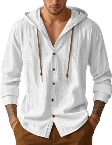 Mens Cotton Linen Button Down Hoodies Long Sleeve Casual Hoodies Hawaiian Beach Top Lightweight Fashion Shirts - color: White, size: XX-Large